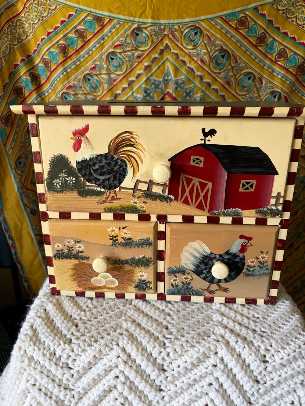 Hand-Painted Farmhouse Rooster Recipe Cabinet- Cream, Red, Black